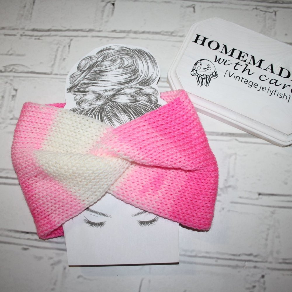 💖 Hot Pink & White Twisted Knit Headband – Handmade · One Size * - Picture 4 of 4